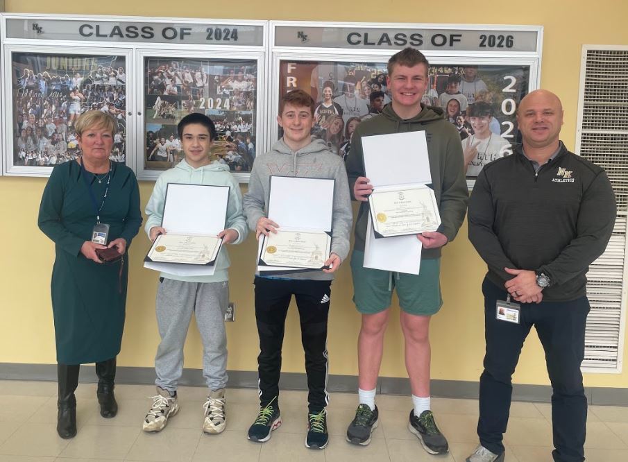 Congratulations to Caden Hughes, Kaz Morosetti, Tyler Schartner, Connor Swaim  NK's state wrestling placers  bringing the team to  top 7! Great job  Skippers!